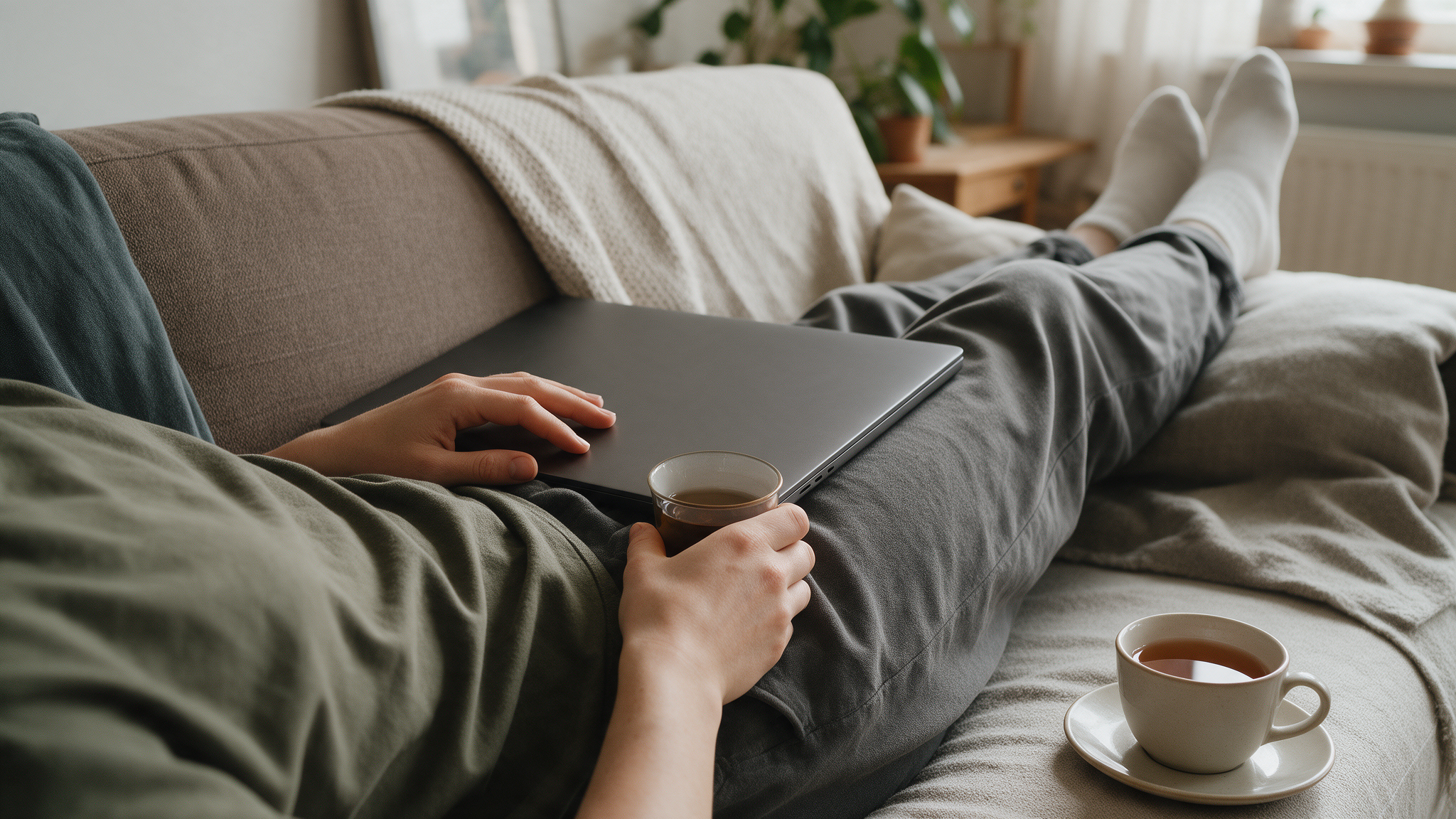 Sygemeldt med stress – person hviler med lukket laptop